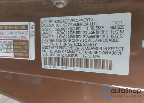 2022 Honda Cr-V Hybrid Touring from USA, damaged, VIN 5J6RT6H92NL006385